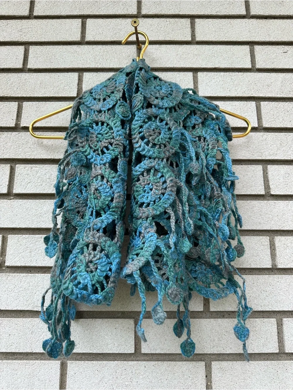 Hand Crochet Textured Spiral Fringe Scarf Wrap Ocean Blue Boho Art Whimsigoth